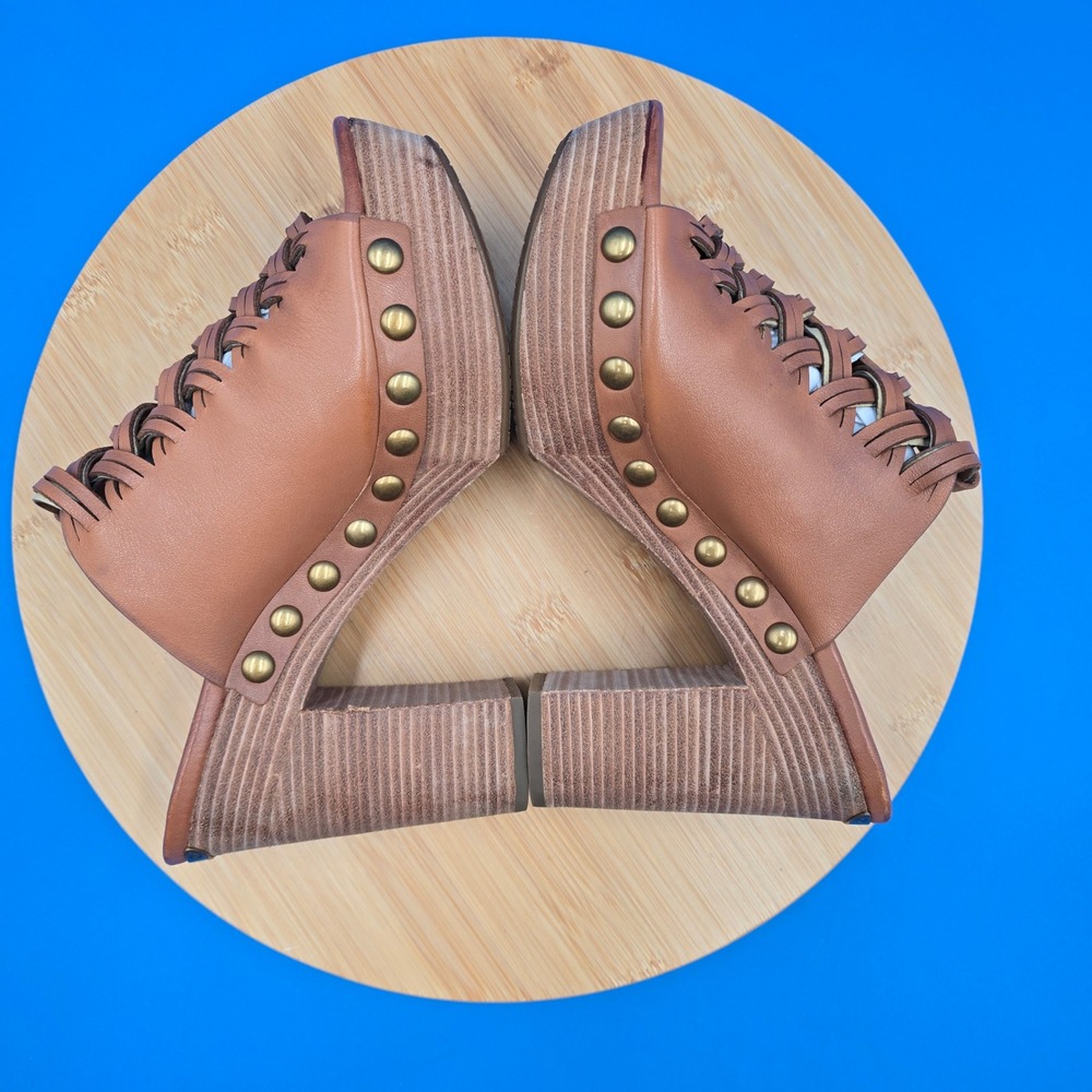 Michael Kors Woven Leather Studded Platform Clog Mules Tan Brown 7.5M PW16C - Picture 6 of 8